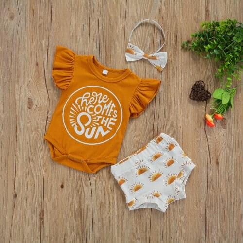 Cute Sweet New Baby Girls Clothes Cotton Toddler Flying Sleeve Romper+Shorts+Hairband 3PCS Sun Print Casual Summer Clothing