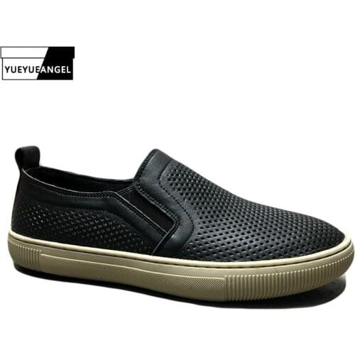 Men Hollow Genuine Leather Shoes Breathable Loafers Round Toe Flat Casual Shoes Summer Slip-On Shallow Sneakers Zapatillas