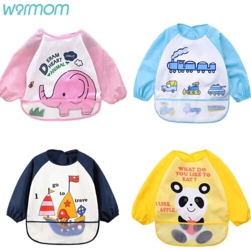 Warmom Baby Boy Bibs Cute Cartoon Waterproof Infant Bib Children Girls Long Sleeve Apron Baby Self Feeding Bibs with Pocket