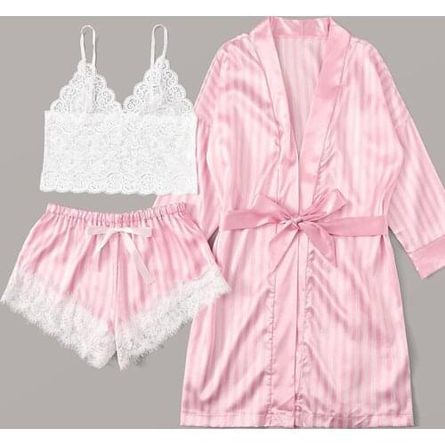 New 3 Pieces Women Pajamas Sets Faux Silk Pajamas Sleepwear Sets Elegant Sexy Lace Fashion Casual Home Clothes Nightwear