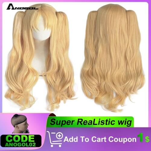 ANOGOL High Temperature Fiber Long Body Wave Blonde Synthetic Cosplay Wig with Bangs and Double pigtails for Halloween Cosplay