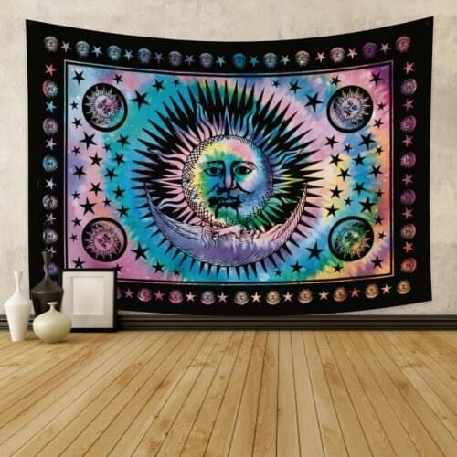 Dark Colorful Sun and Moom Print Tapestry Vintage Exotic Summer Plant Nature Frame for Bedroom Photography Wall Decor