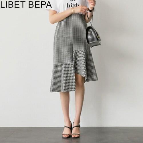 2021 New Spring Summer Women Trumpet Skirts High Elastic Waist Asymmetrical Casual Plaid Female Patchwork Wild Skirts SK6072