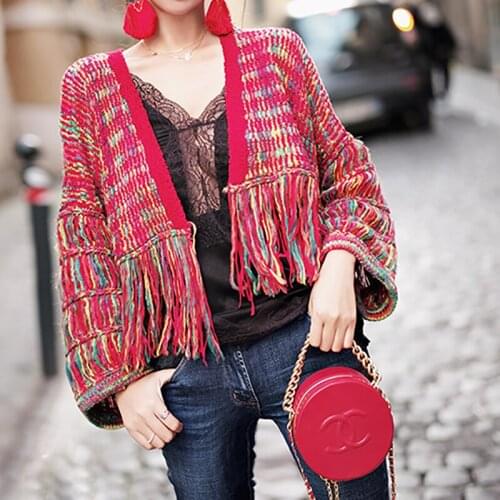 Womens 2020 new Korean version loose hand-woven rainbow tassel knitted cardigan autumn and winter short sweater coat