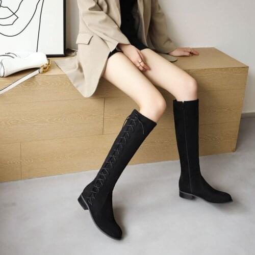 Fashion Knee High Boots Women Soft PU Leather Womens High Boot Low Heels Long Boots Yellow Black Shoes Women Large Size 48