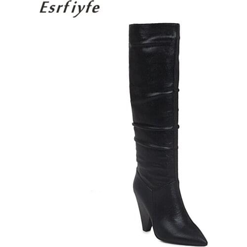 ESRFIYFE 2020 New Women Knee High Boots Fashion Sequined Cloth Women Party Boots High Heel Pointed Toe Women Boots Big Size 17