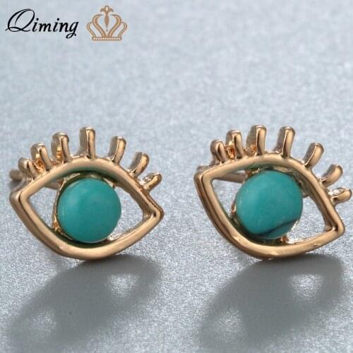 QIMING Green Stone Evil Eyes Earring For Women Fashion Jewelry Gold Silver Bohemia Jewelry Stud Earrings