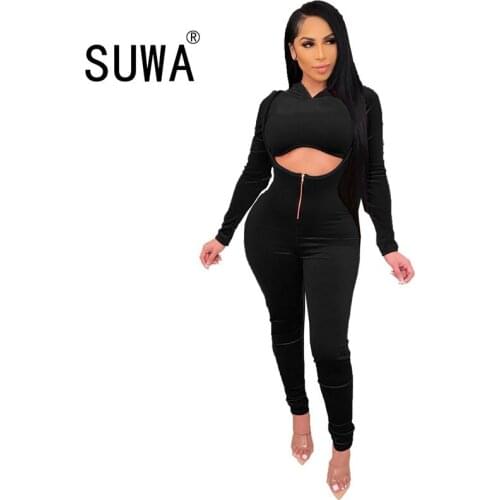Zip-up Velvet Matching Women Two Piece Sets Spring Autumn Clothes Hooded Long Sleeve Crop Top and Suspender Skinny Pant Outfits