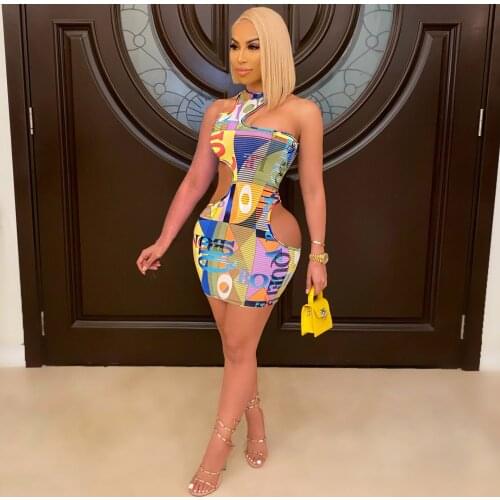 2021 Famous Elegant Design Dress Print Hollow Out O-neck Sleeveless Summer Sexy Night Club Mini Dress Vestidos