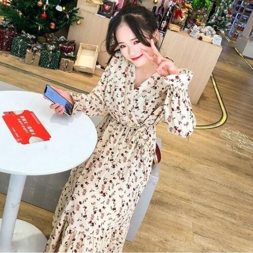 Hot Womens Floral Dress with Waist Strap Long Sleeve French Long Skirt Printed Casual Dress for Vacation Daily TY66