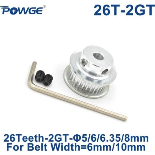 POWGE GT 26 Teeth 2M 2GT Timing Pulley Bore 5/6/6.35/8mm for GT2 Open Synchronous belt width 6mm/10mm small backlash 26Teeth 26T