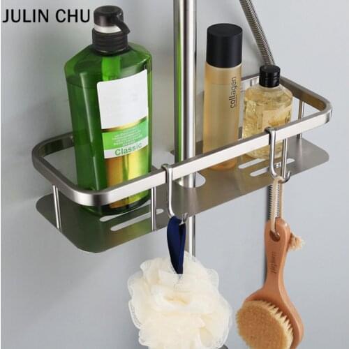 304 Stainless Steel Bathroom Shelf Rectangle Pole Bath Shower Soap Shampoo Storage Rack Tray Organizer Holder with Coat Hook