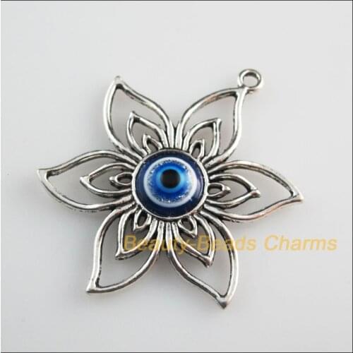 5 New Charms Flower Blue Eye Resin Pendants Tibetan Silver Color 37x47mm