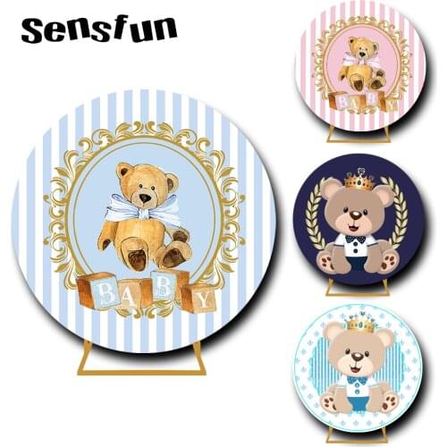 6 Options Cute Bear Theme Round Backdrop Cover Blue Pink Boy Girl Newborn Baby Shower 1st Birthday Party Photography Background