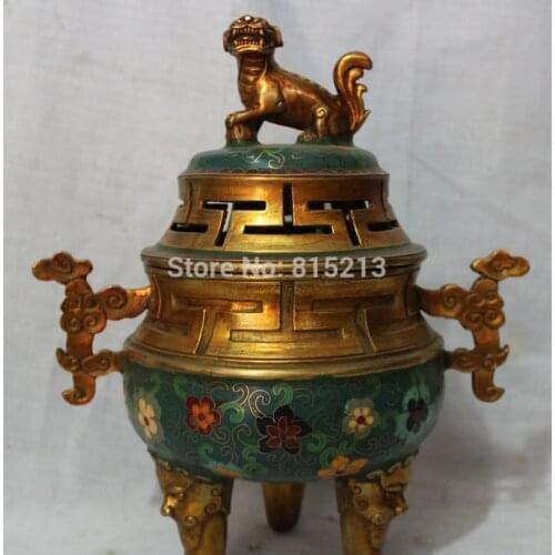 Bi001038 12" Marked Chinese Bronze Cloisonne Foo Dog & Lion Statue Incense Burner Censer