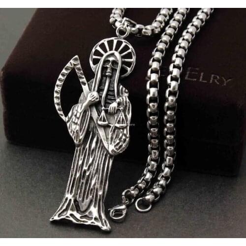 Fate love Jewelry High Quality Holy Saint Death Santa Muerte Skull Delicate Pendant Stainless steel Rolo Chian Necklace 24