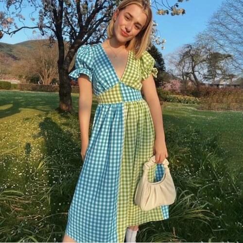Jastie 2021 Fashion Stitching Plaid Dress Women V-Neck Short Puff Sleeve Summer Dresses A-Line Casual Midi Dress Female Vestidos