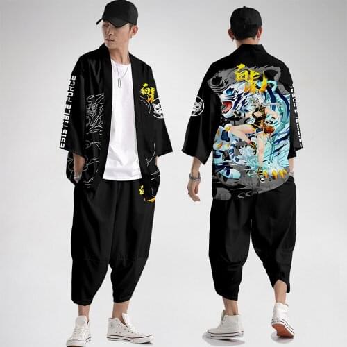 White Tiger Samurai Printed Kimono Cardigan Men Japanese Traditional Casual Loose Thin Set Coat Pants Asian Clothes Harajuku