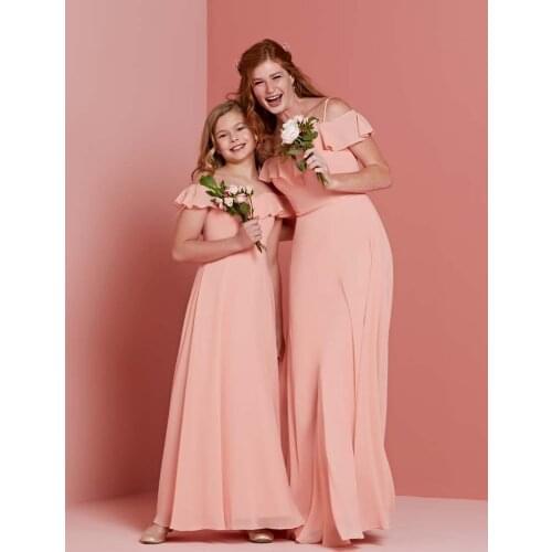 Coral Cheap Junior Bridesmaid Dresses Under 50 A-line Spaghetti Straps Shoulder Ruffles Chiffon Long Wedding Party Dresses