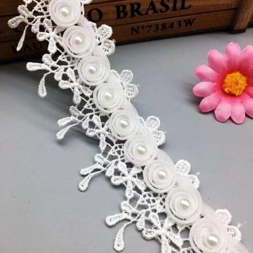 2 Yard Pearl Rose Flower Embroidered Lace Trim Fabric Bridal Fringe Applique Trimmings Ribbon Wedding Dress Sewing Craft Decor