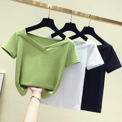 Shintimes Green T Shirt Women V Neck T-shirt 2020 Summer Korean Fashion Female Tshirt Short Sleeve Ladies Tops Tee Shirt Femme