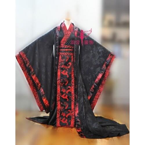 Male Chinese Wedding Black Red Dragon Hanfu Tang Suit Cosplay Clothes Emperor Clothes for Men