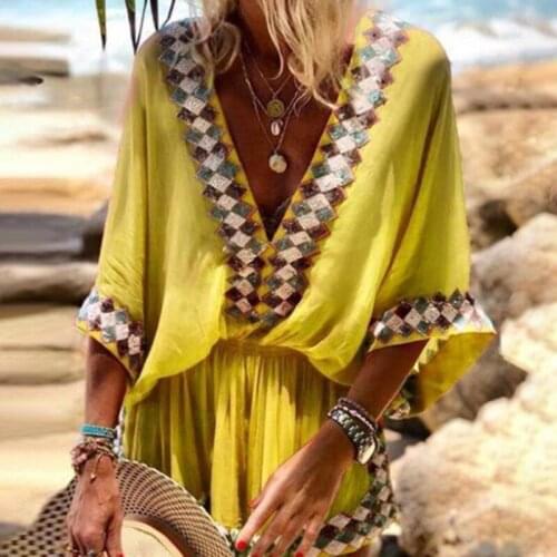 New Beach Long Skirt Print Dress Foreign Trade National Style womens European And American Dress Simia Spot V-neck Dress