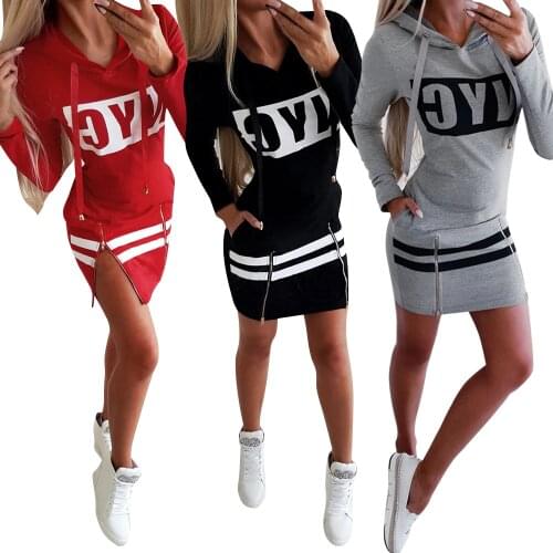Women Bodycon Mini Dress Hooded Nyc Striped Letter Print Zipper Pocket Drawstring Slim Long Sleeve Hoodie 2021 Spring