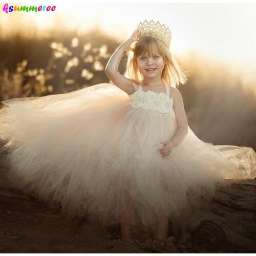 Ivory Wedding Flower Girls Tutu Dress Vintage Rhinestone Kids Birthday Pageant Party Photo Shoots Clothes Children Tulle Dress
