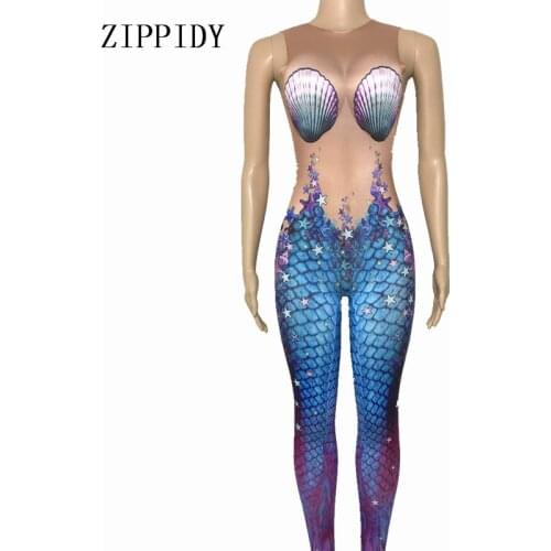 Sexy Blue Mermaid Jumpsuit Sleeveless Big Stretch Nude Bodysuit Stage Performance Party Dance outfit