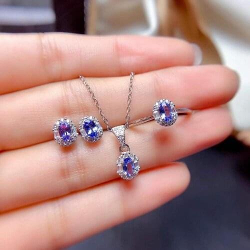 The Best Gift for Your loved wifeTanzanite Jewelry set 925 sterling silver 1pc Ring,1pc Pendant,2pcs Earring