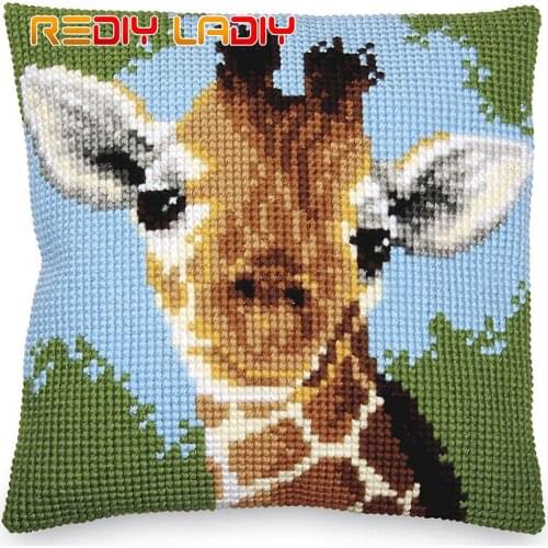 DIY Cross Stitch Cushion Cover Giraffe Needlepoint Kits Pre-Printed Canvas Thick Yarn Cross-stitch Pillow Case Arts and Crafts