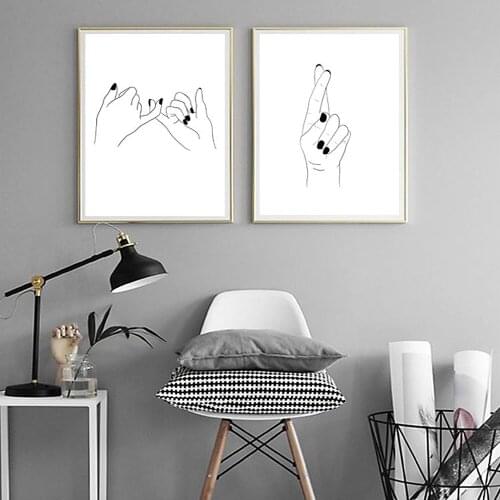Fingers Crossed ,Pinky Promise,Aloha ,Hand Signal Canvas Painting, Good Luck Poster, Black and White Wall Pictures, Decor