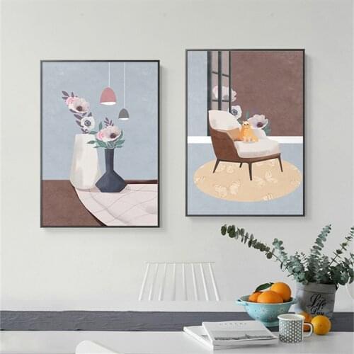Modern Flower Vase Cat Nordic Illustration Canvas Painting Art Print Poster Picture Wall for Living Home Dining Room Decoration