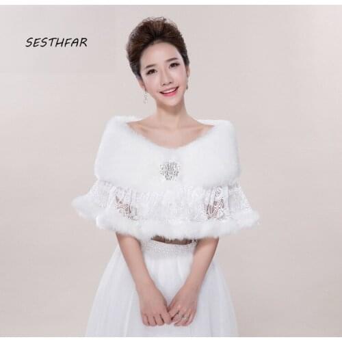 Wedding Women Wrap White Fur Shrugs Jacket Fashion Bridal Bridesmaids Cover Up Sleeve Faux Fur Bolero Evening PJ016
