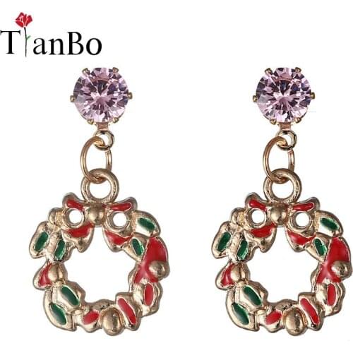 TianBo red color boknot flower wreath earrings stud push back earrings jewelry girl christmas jewelry