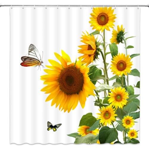 Sunflower Butterfly Shower Curtain Bathroom Decor Yellow Flower Green Leaf Summer Plant Home Bath Bathtub Waterproof Curtain Set
