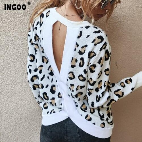 Pullovers Sweaters For Women Oversized Leopard Print Cross Hollow Out O Neck Loose Jumper Female 2020 Womens Knitted Sweater