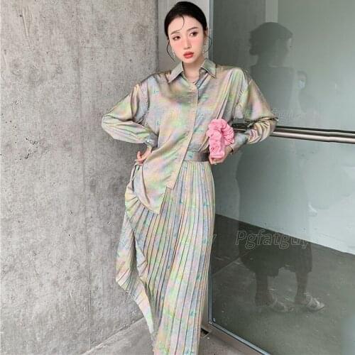 Vintage Tie Dye Pleated Skirt Set Autumn Elegant Loose Ink Printing Shirt + Long High Waist Skirts Office Ladies Two Pieces Sets