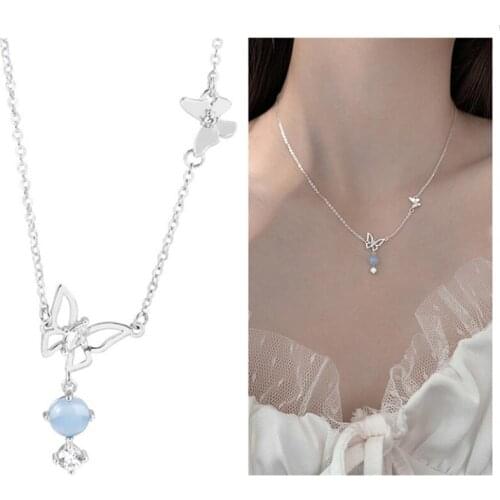 Top Quality 925 Silver Necklace Lady Choker Accessories Trendy Crystal Blue Butterfly Pendant Necklace Women Clavicle Bijou