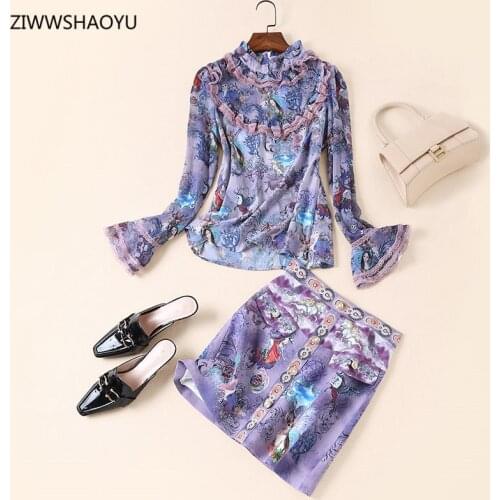 ZIWWSHAOYU Fashion Summer Women Casual Skirt Suit Ruffled Collar Long Sleeve Shirts+Slim Floral Printing Short Skirt 2-Piece Set