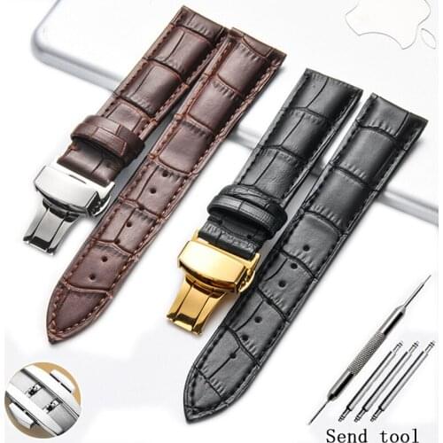 14 16 20 22 24mm mens waterproof breathable high-quality cowhide strap stainless steel double-press automatic butterfly buckle