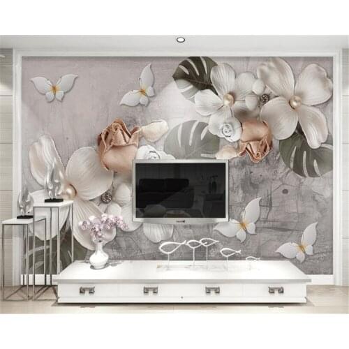 Beibehang Customize large mural 3d wallpaper Stereo Relief White Petal Flower pearl Modern Retro Background Wall 3d wallpaper