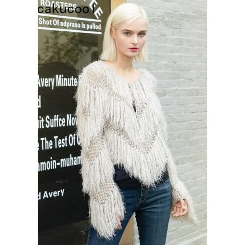 Cakucool Women Furry Tassels Jacket Korean Loose High Street Designer Autumn Knitted Cardigan Diamond Beading Outwear Coat Femme