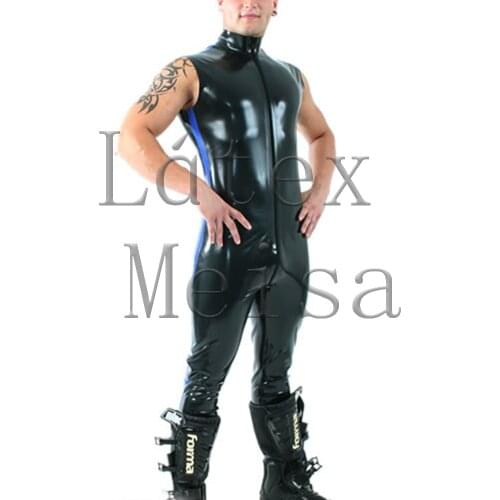 Black sleeveless Fetish Latex catsuit with front zipper to crotch and waist 3 zippers for men