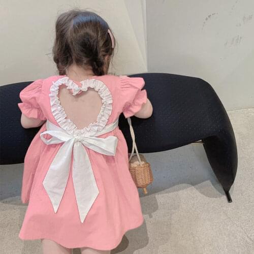 Kids Girls Bow Dress Heart Shaped Backless Princess Dress 2021 New Arrival Baby Girls Summer Casual Dress Pink Blue For 2-7Y