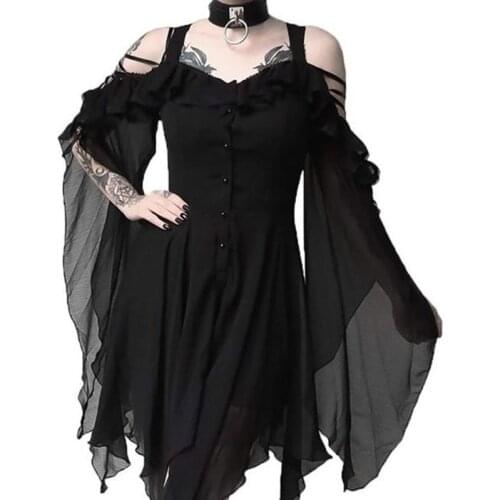 Adult Women Medieval Vintage Gothic Steampunk Punk Dresses Cold Shoulder Flare Long Sleeve Midi Dress For Ladies Plus Size S-5XL