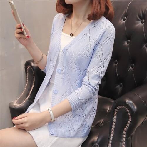 Summer short slim hollow thin T-shirt long sleeve single breasted cardigan V-neck womens top shawl versatile coat