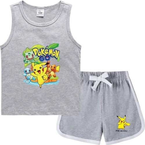 Pokemon Go Summer Cartoon Pikachu Kids Boy Clothes Sleeveless Top+Pant Shorts 2Pcs Set Baby Boy Clothing Set Fashion Sport Suit