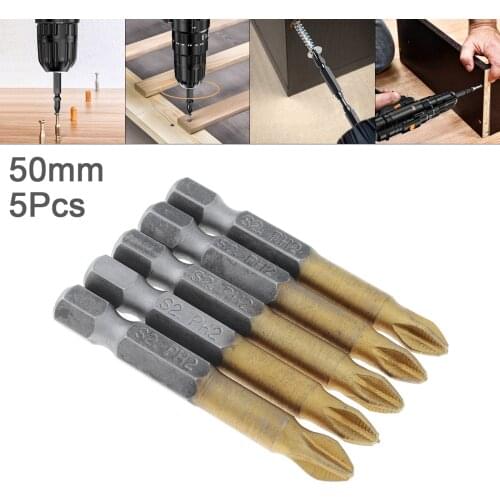 5pcs/set 50mm S2 PH2 Chrome Vanadium Steel Hardness Cross Screwdriver with Anti Slip Magnetion for Drill Hole